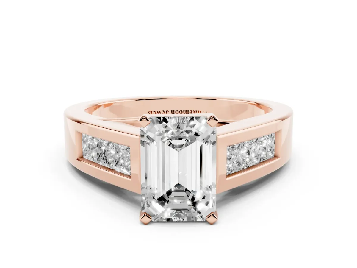 Emerald Cut Cut Channel Set Solitaire Ring with Four-Prong Setting Rose gold
