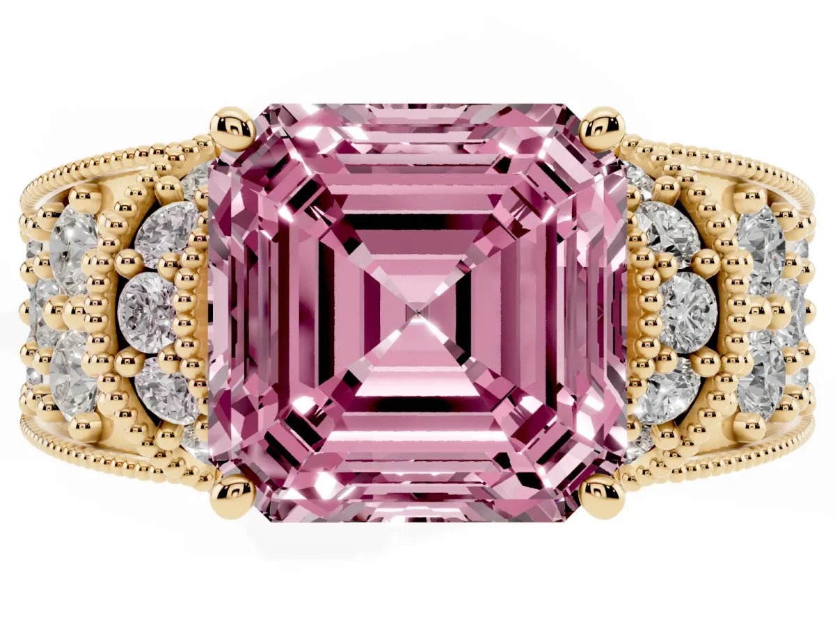 Fancy Pink Asscher Cut Halo Pave Diamond Engagement Ring with Milgrain Detailing Yellow gold