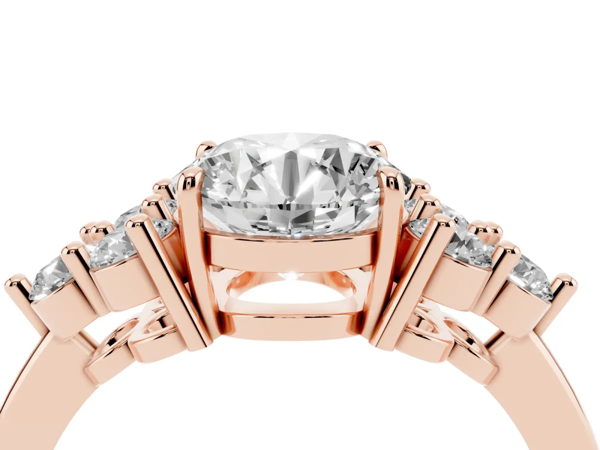 Round Cut Brilliant Diamond Cluster Accent Solitaire Ring with Prong Setting Rose gold