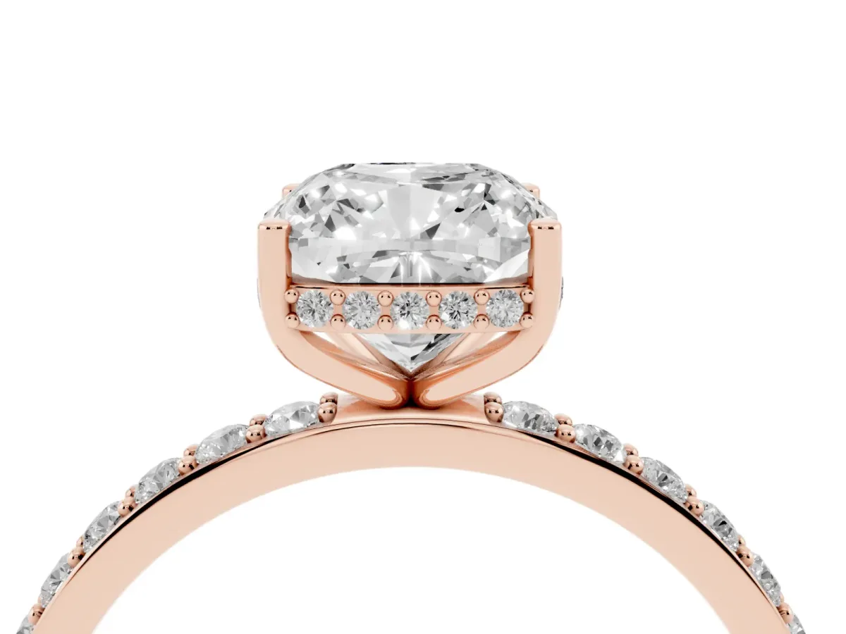 Cushion Cut Diamond Solitaire Ring with Pavé Band and Hidden Halo Rose gold