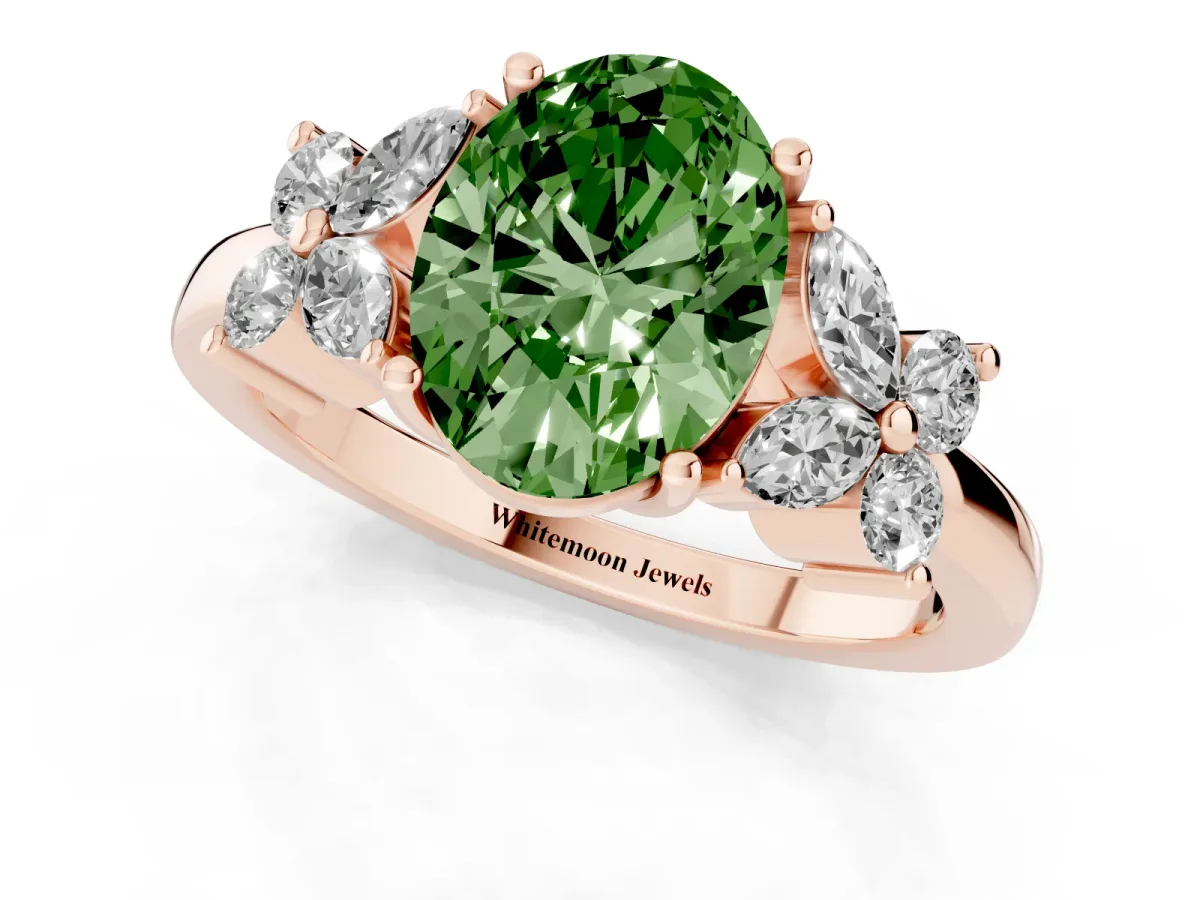 Fancy Green Oval Cut Diamond Floral Cluster Ring with Solitaire Band and Prong Setting Rose gold