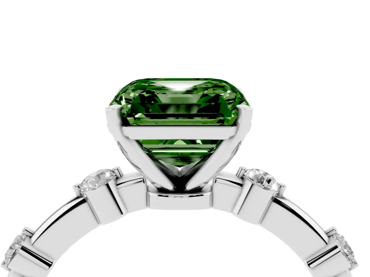 Fancy Green Asscher Cut Solitaire Diamond Ring with Bezel Set Side Stones and Prong Setting Silver