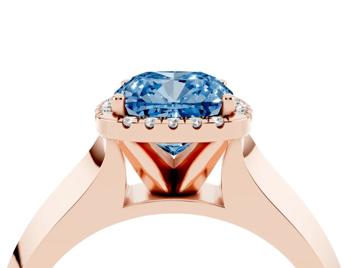 Fancy Blue Cushion Cut Halo Diamond Ring with Cathedral Band and Four-Prong Setting Rose gold
