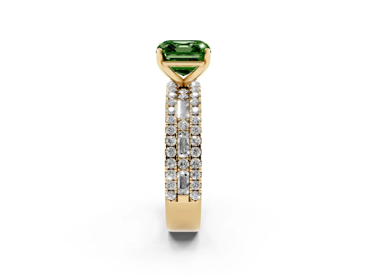Fancy Green Asscher Cut Diamond Solitaire Ring with Pavé and Channel Set Band Yellow gold