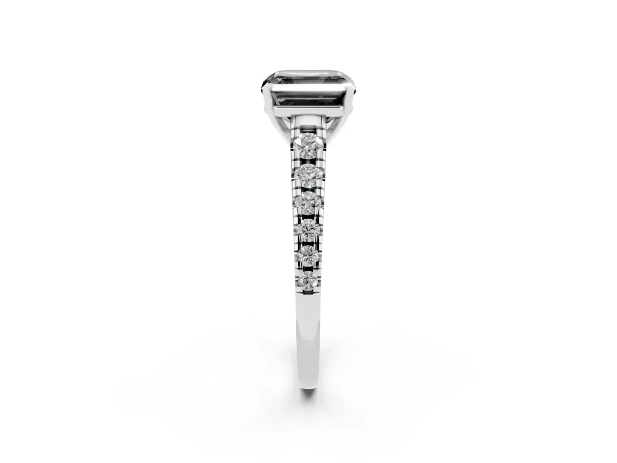Fancy Black Asscher Cut Diamond Cathedral Solitaire Ring with Round Pavé Band Silver