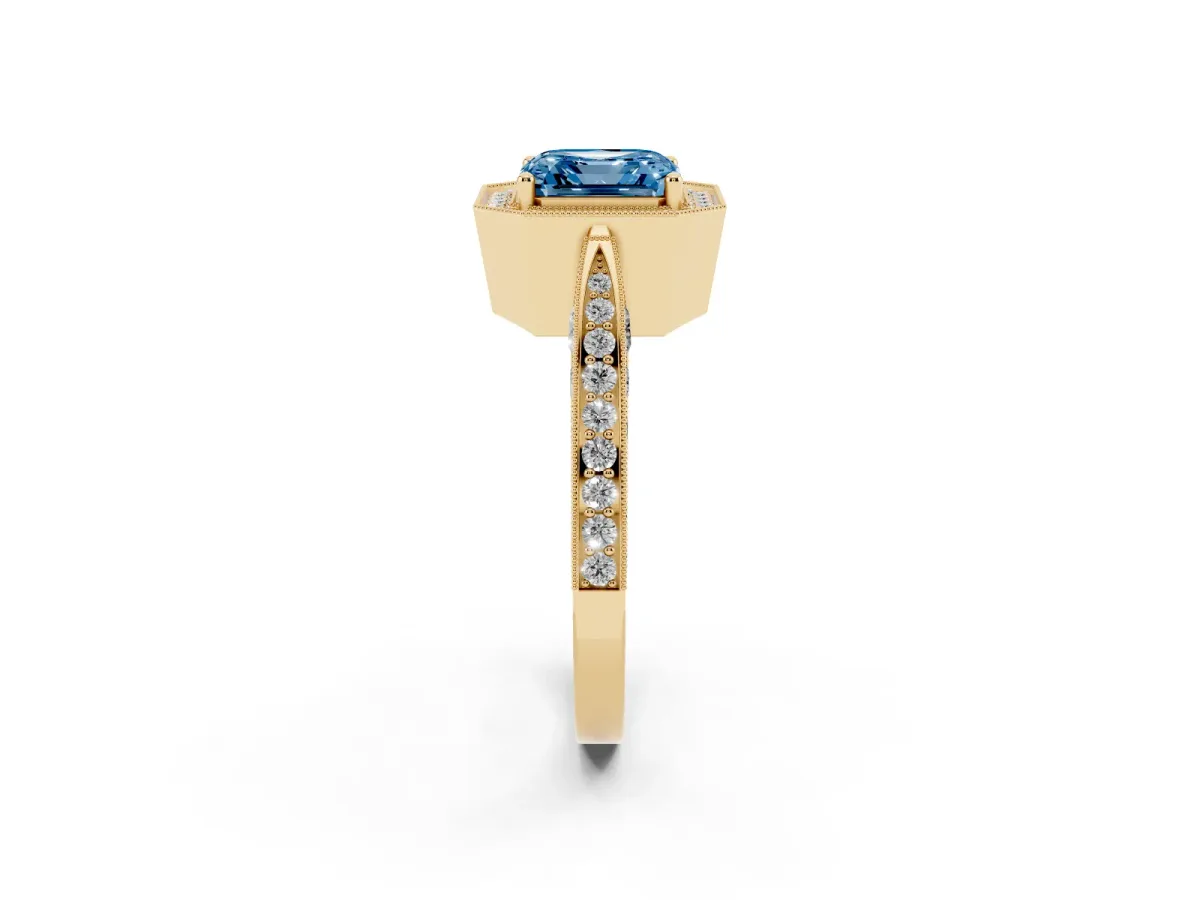 Fancy Blue Asscher Cut Halo Diamond Engagement Ring with Split Shank Band and Four-Prong Setting Yellow gold