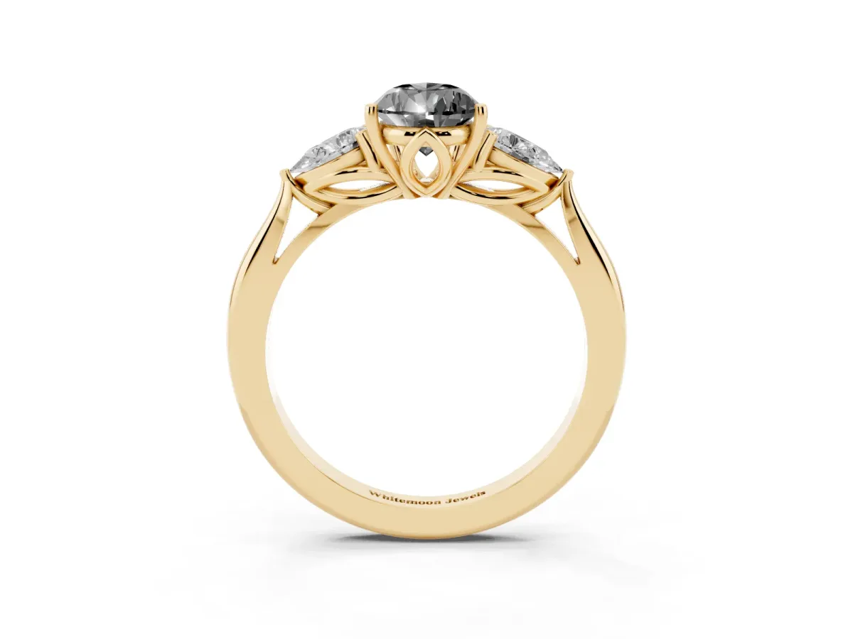 Fancy Black Pear Cut Diamond Three-Stone Ring with Pear Side Stones and Prong Setting Yellow gold