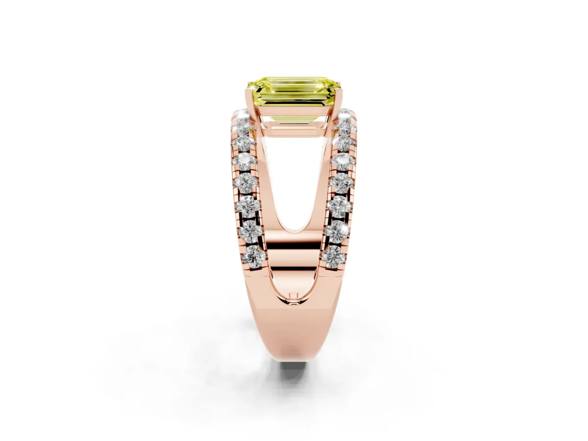 Fancy Yellow Emerald Cut Solitaire Split Shank Pave Diamond Ring Rose gold