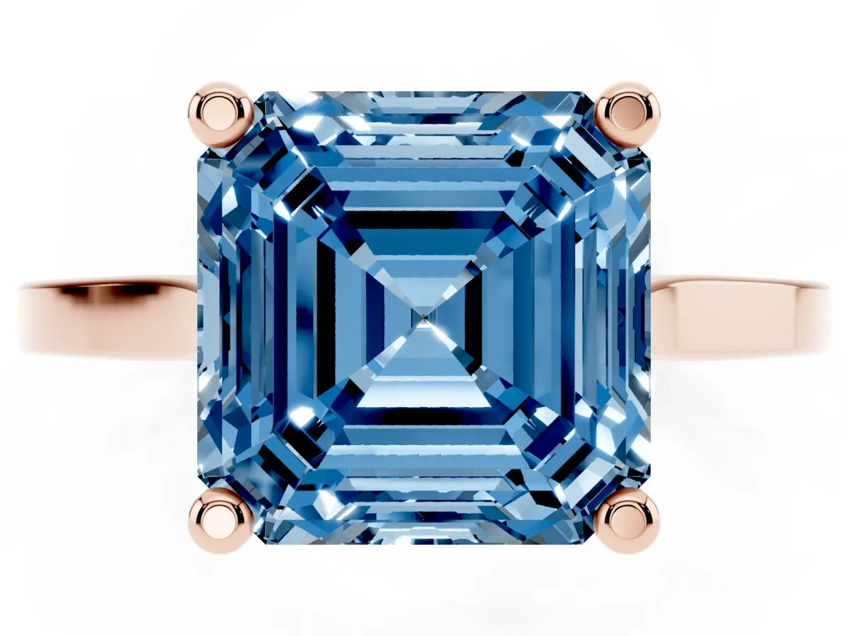 Fancy Blue Asscher Cut Solitaire Diamond Ring with Four-Prong Setting and Tapered Band Rose gold