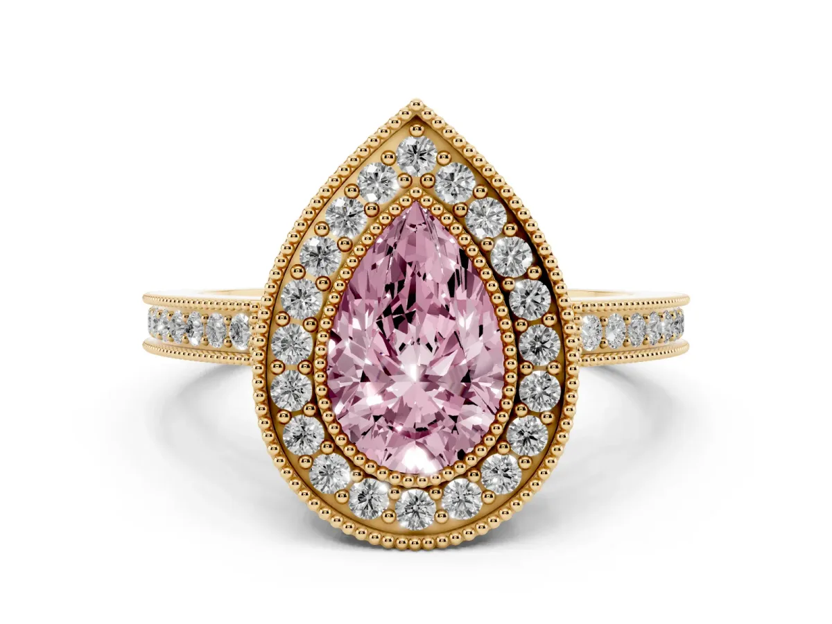 Fancy Pink Pear Cut Cut Halo Diamond Ring with Pavé Band and Milgrain Prong Setting Yellow gold