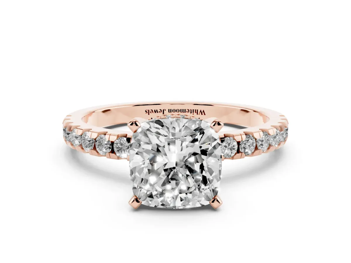 Cushion Cut Diamond Solitaire Ring with Round Pavé Band and Four-Prong Setting Rose gold