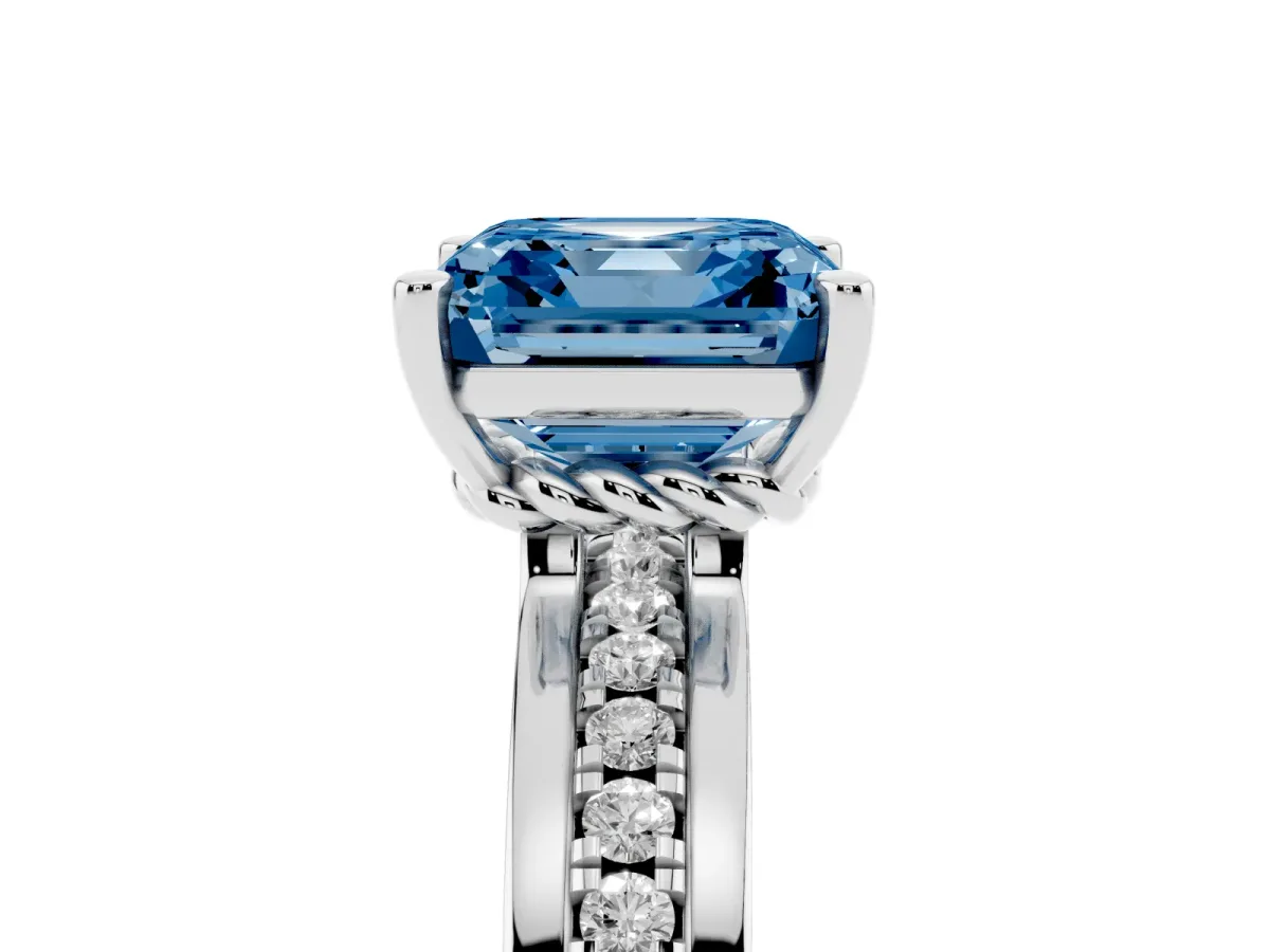 Fancy Blue Asscher Cut Solitaire Diamond Ring with Channel Set Band and Six-Prong Setting Silver