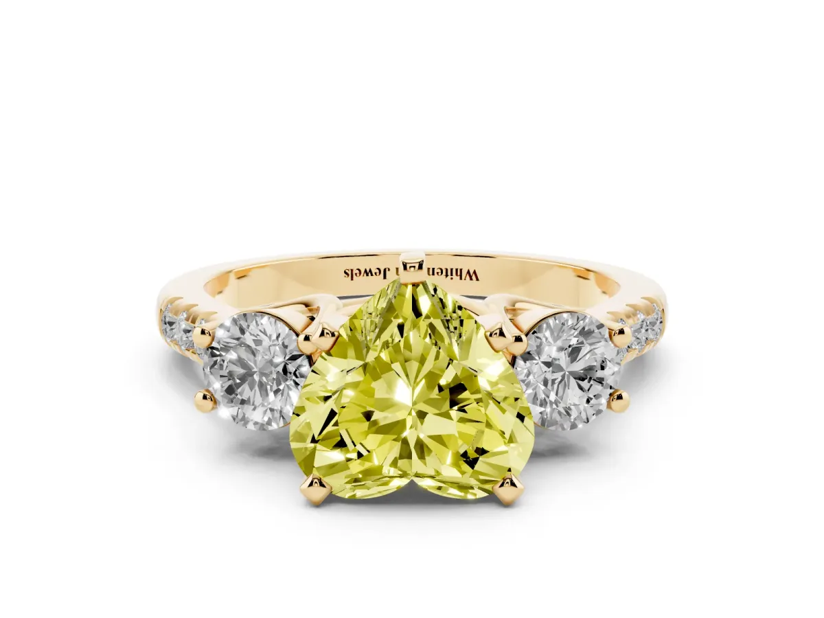 Fancy Yellow Three-Stone Heart Cut Diamond Pavé Band with Four-Prong Setting Yellow gold