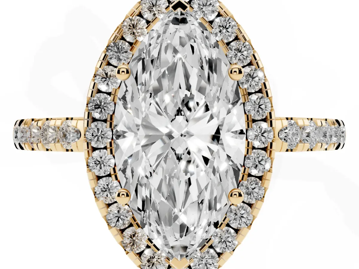 Marquise Cut Halo Diamond Engagement Ring with Pavé Band and Four-Prong Setting Yellow gold