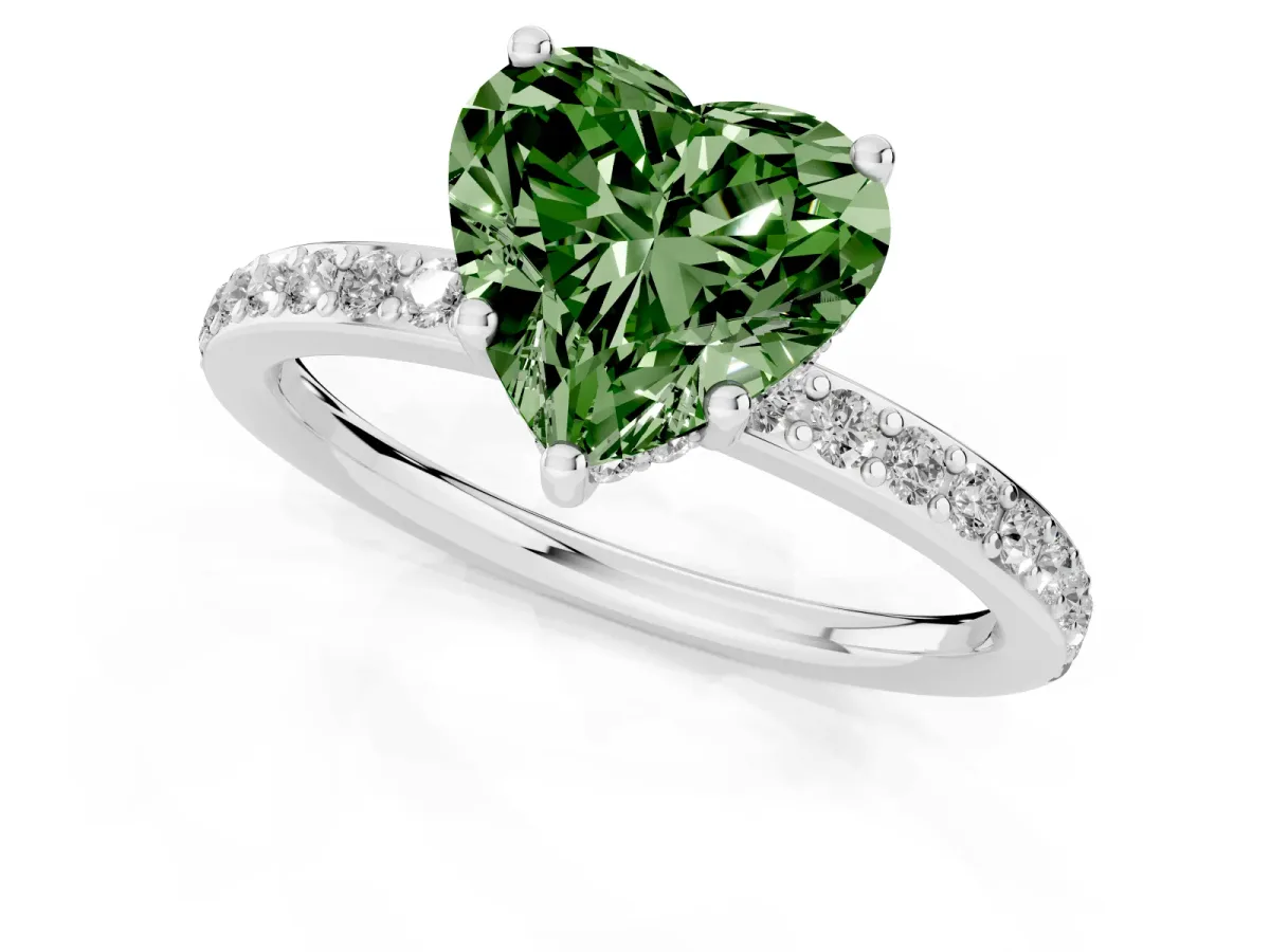 Fancy Green Heart Cut Cut Diamond Pavé Band Ring with Four-Prong Setting Silver