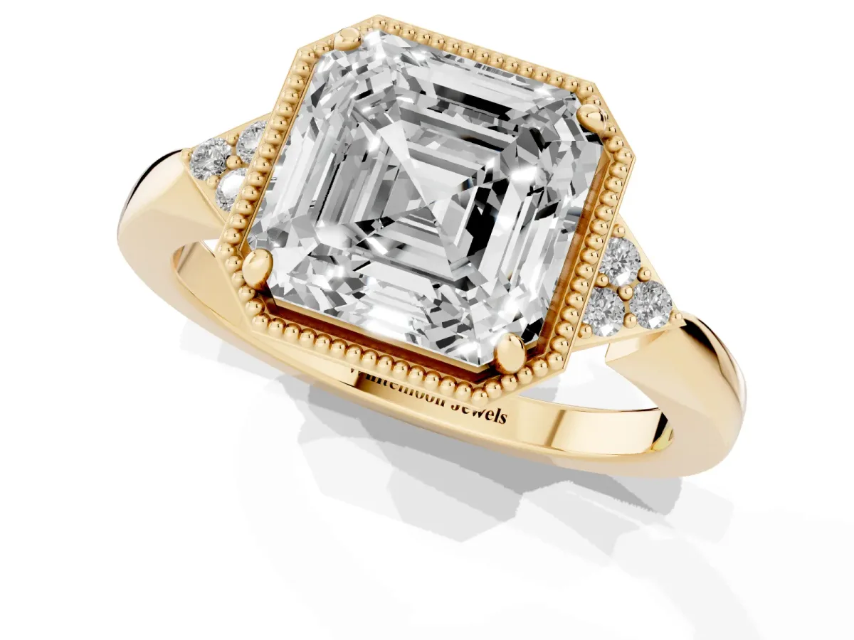 Asscher Cut Diamond Halo Ring with Tapered Band and Four-Prong Setting Yellow gold