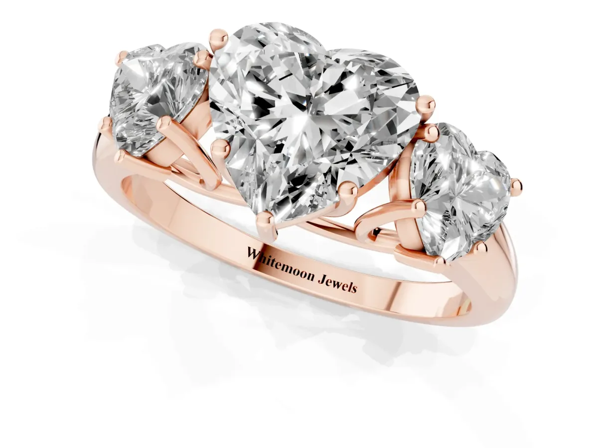 Three-Stone Heart Cut Diamond Engagement Ring with Prong Setting Rose gold