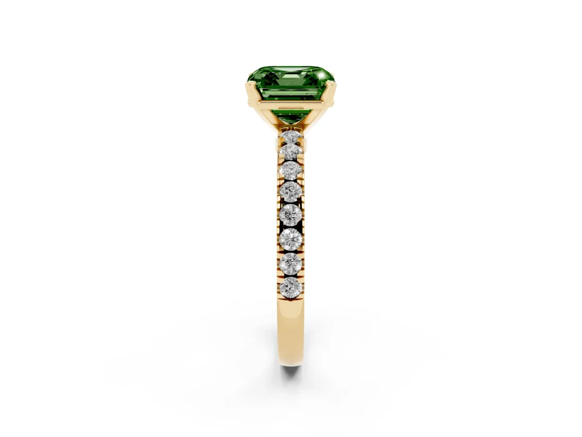 Fancy Green Asscher Cut Solitaire Diamond with Pavé Band and Four-Prong Setting Yellow gold