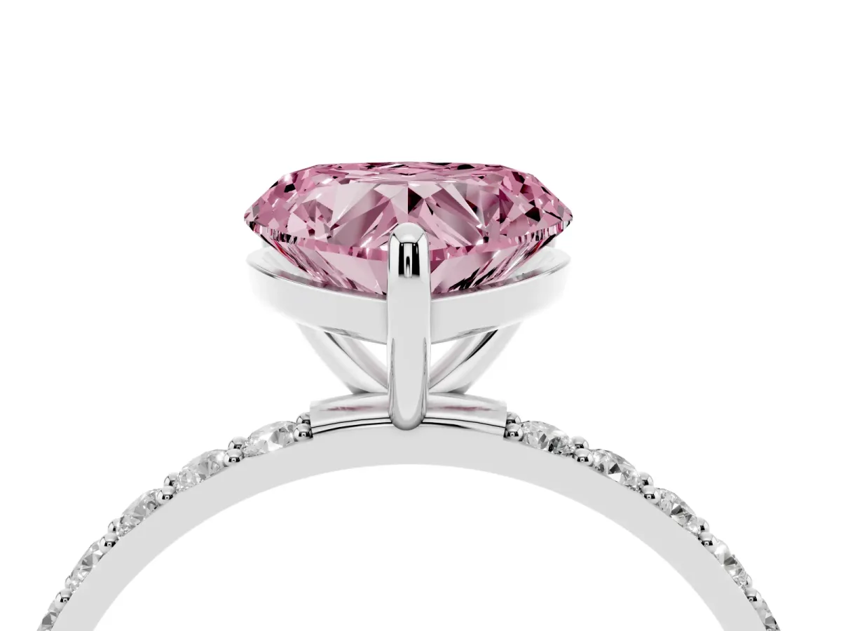Fancy Pink Heart Cut Diamond Solitaire Ring with Round Pavé Band and Prong Setting Silver