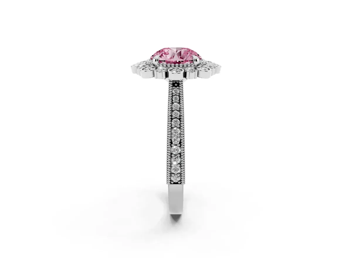 Fancy Pink Round Cut Halo Milgrain Pave Diamond Ring with Four-Prong Setting Silver