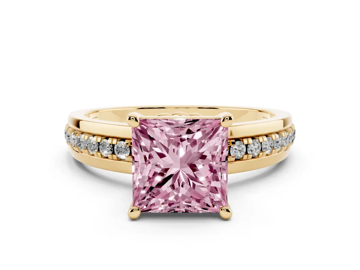 Fancy Pink Princess Cut Solitaire Diamond Ring with Channel Set Band and Six-Prong Setting Yellow gold