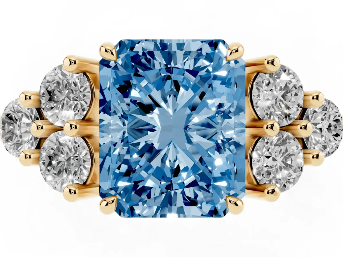 Fancy Blue Radiant Cut Brilliant Diamond Cluster Accent Solitaire Ring with Prong Setting Yellow gold