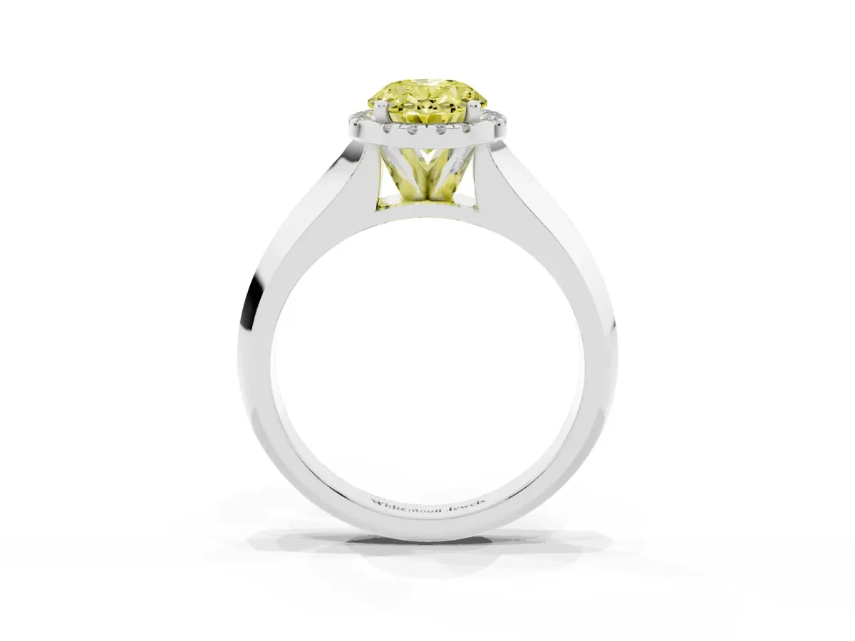 Fancy Yellow Oval Cut Halo Diamond Ring with Cathedral Band and Four-Prong Setting Platinum