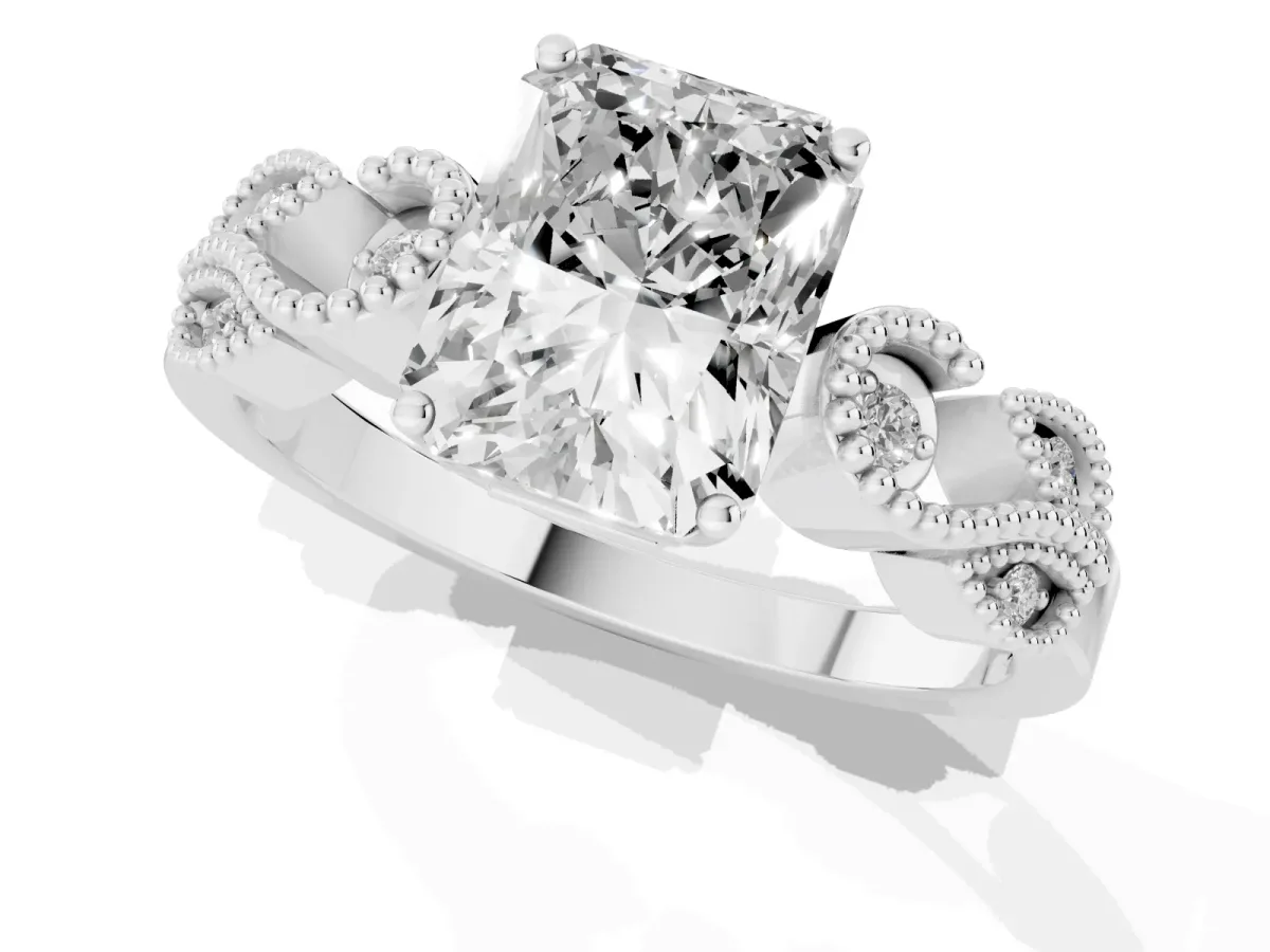 Princess Cut Solitaire Milgrain Leaf Band with Prong Setting White gold