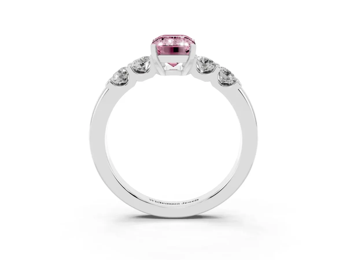Fancy Pink Emerald Cut Brilliant Cut Diamond Five-Stone Prong Set Engagement Ring with Channel Band Platinum