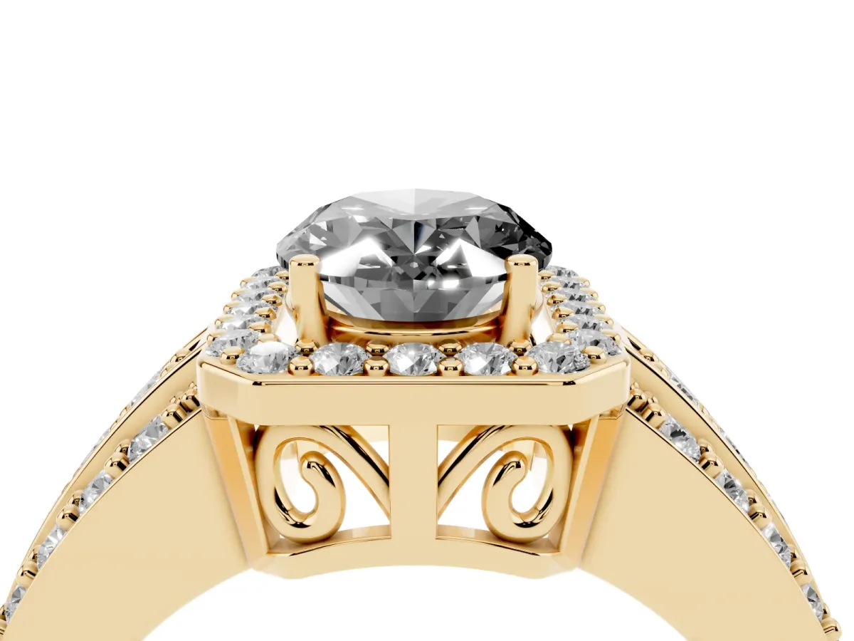 Fancy Black Oval Cut Halo Diamond Ring with Round Split Shank and Prong Setting Yellow gold