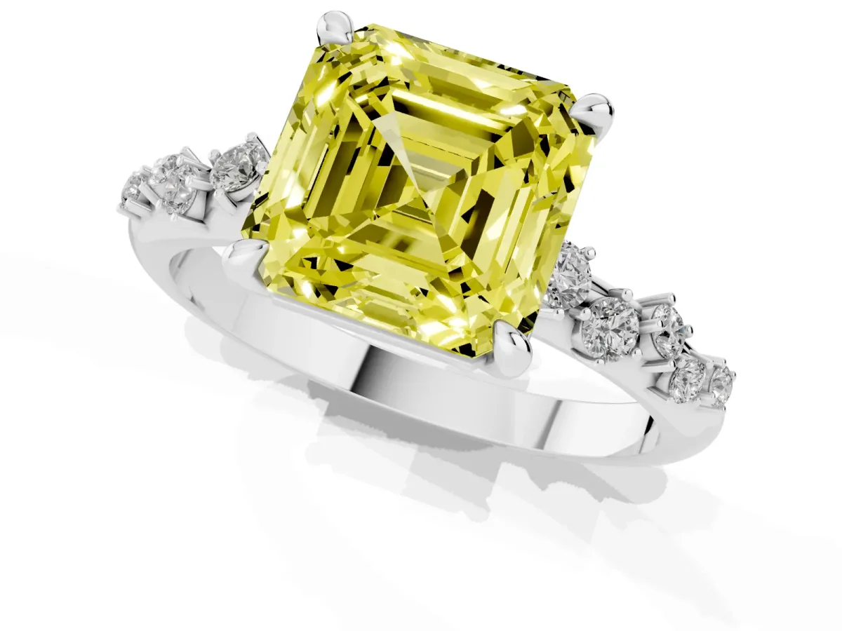 Fancy Yellow Asscher Cut Cut Diamond Vine Band with Four-Prong Setting White gold