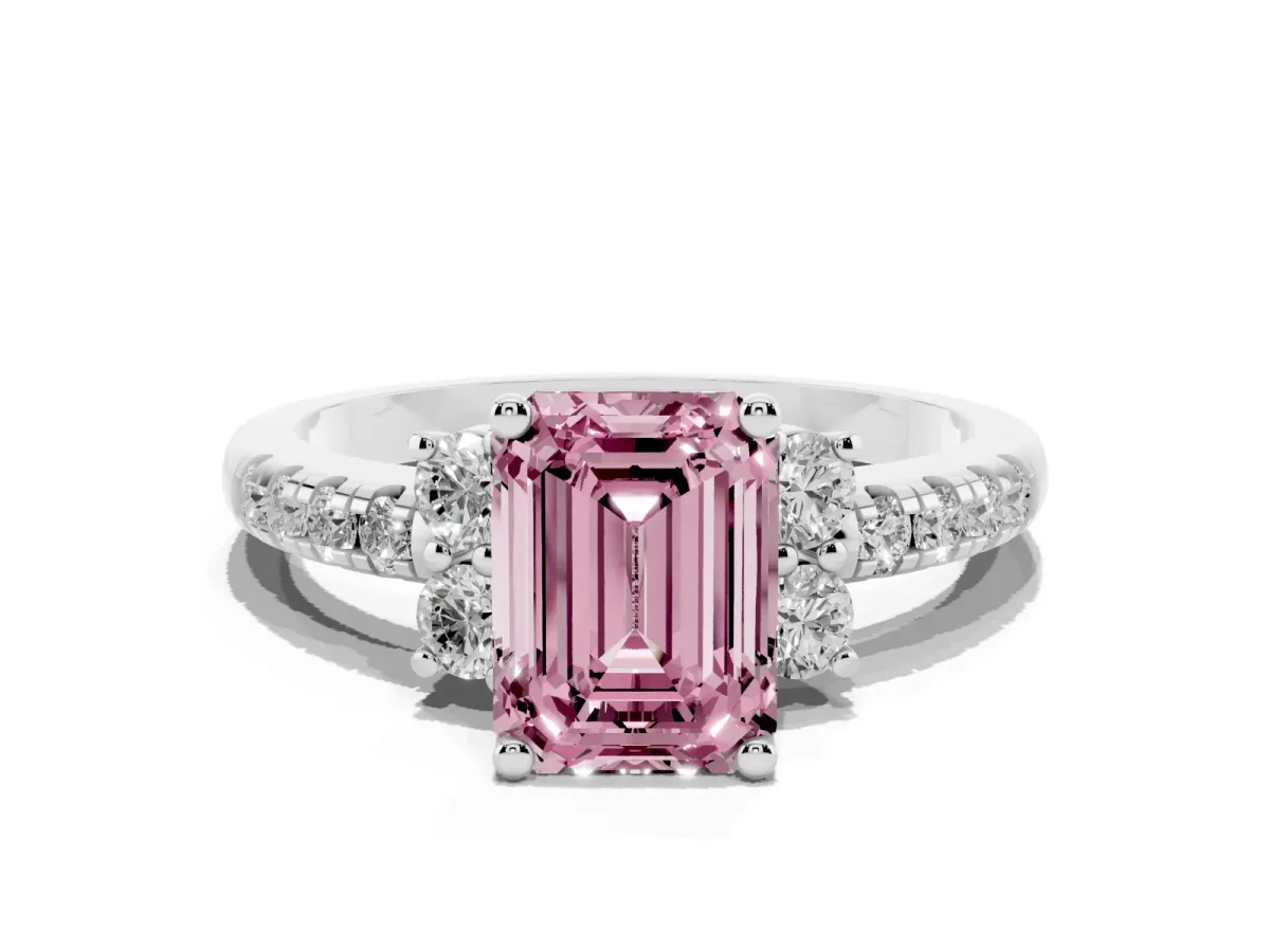 Fancy Pink Emerald Cut Diamond Three-Stone Pave Band with Four-Prong Setting Silver