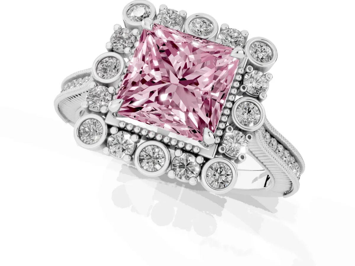 Fancy Pink Princess Cut Halo Milgrain Pave Diamond Ring with Four-Prong Setting Platinum