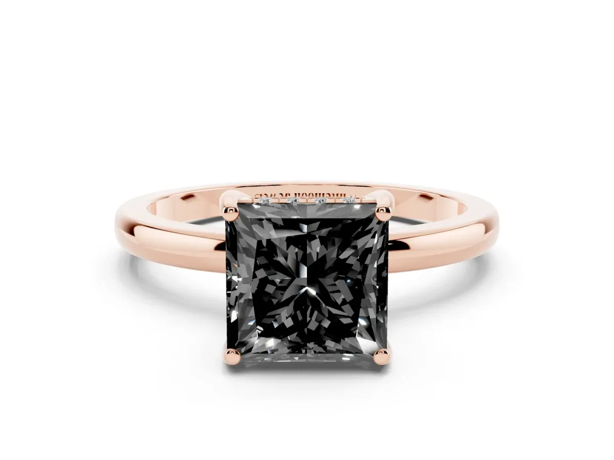 Fancy Black Princess Cut Solitaire Diamond Ring with Prong Setting and Plain Band Rose gold