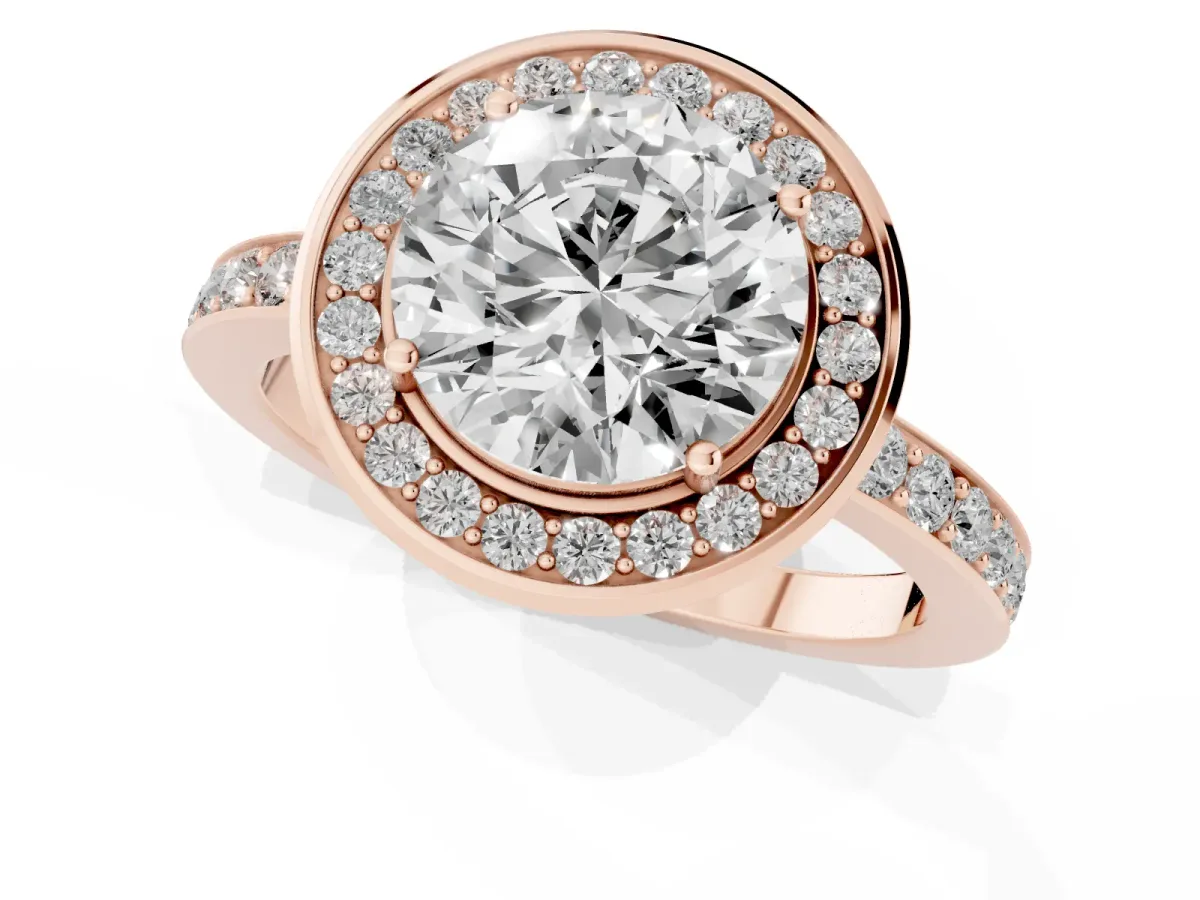 Round Cut Diamond Halo Ring with Bezel Frame and Pavé Band Rose gold