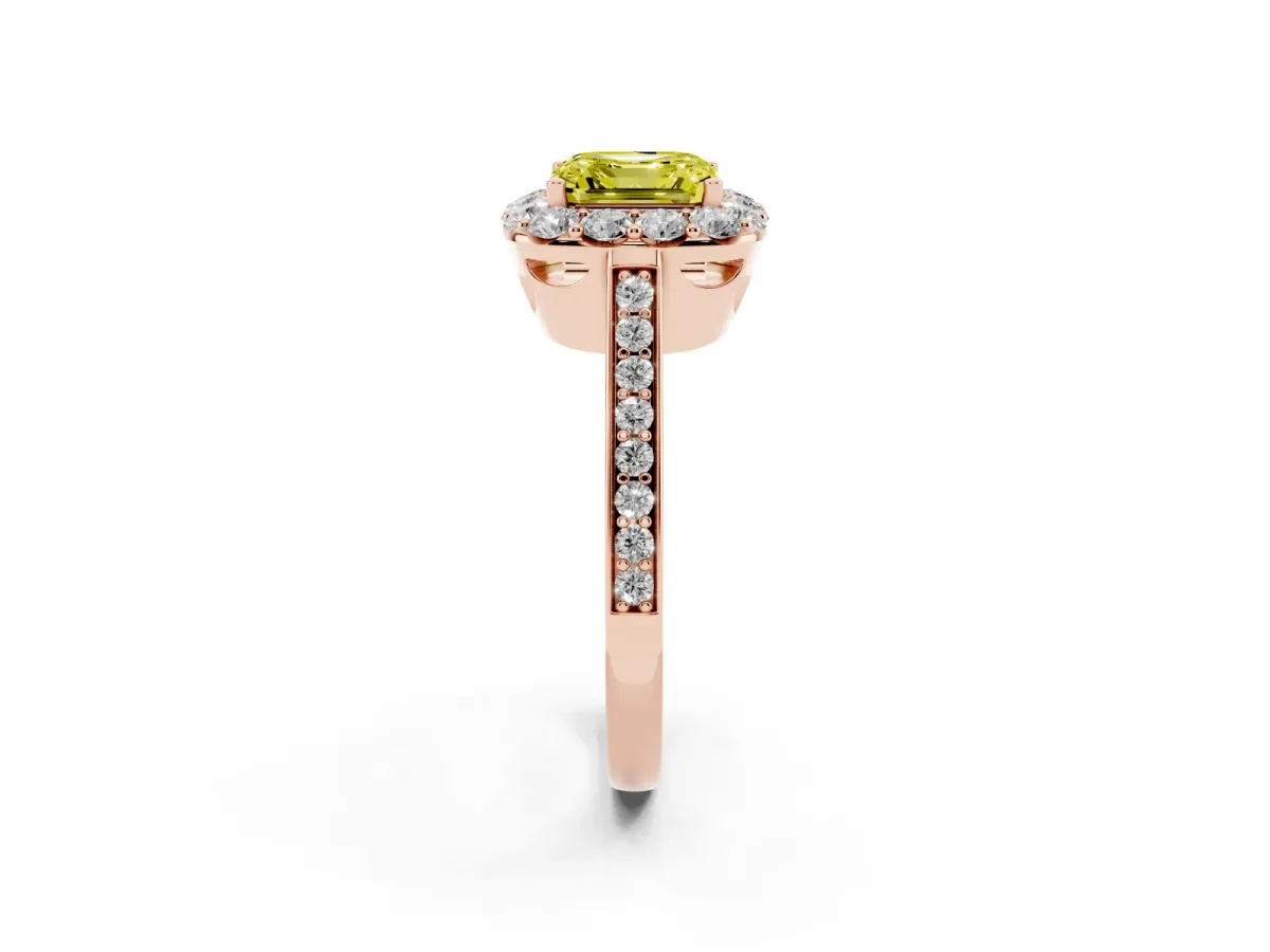 Fancy Yellow Asscher Cut Diamond Floral Halo Ring with Pavé Band and Prong Setting Rose gold