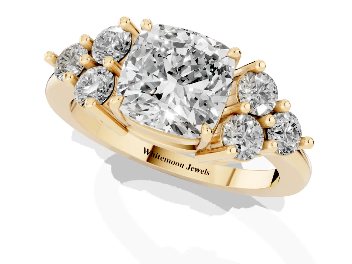 Cushion Cut Brilliant Diamond Cluster Accent Solitaire Ring with Prong Setting Yellow gold
