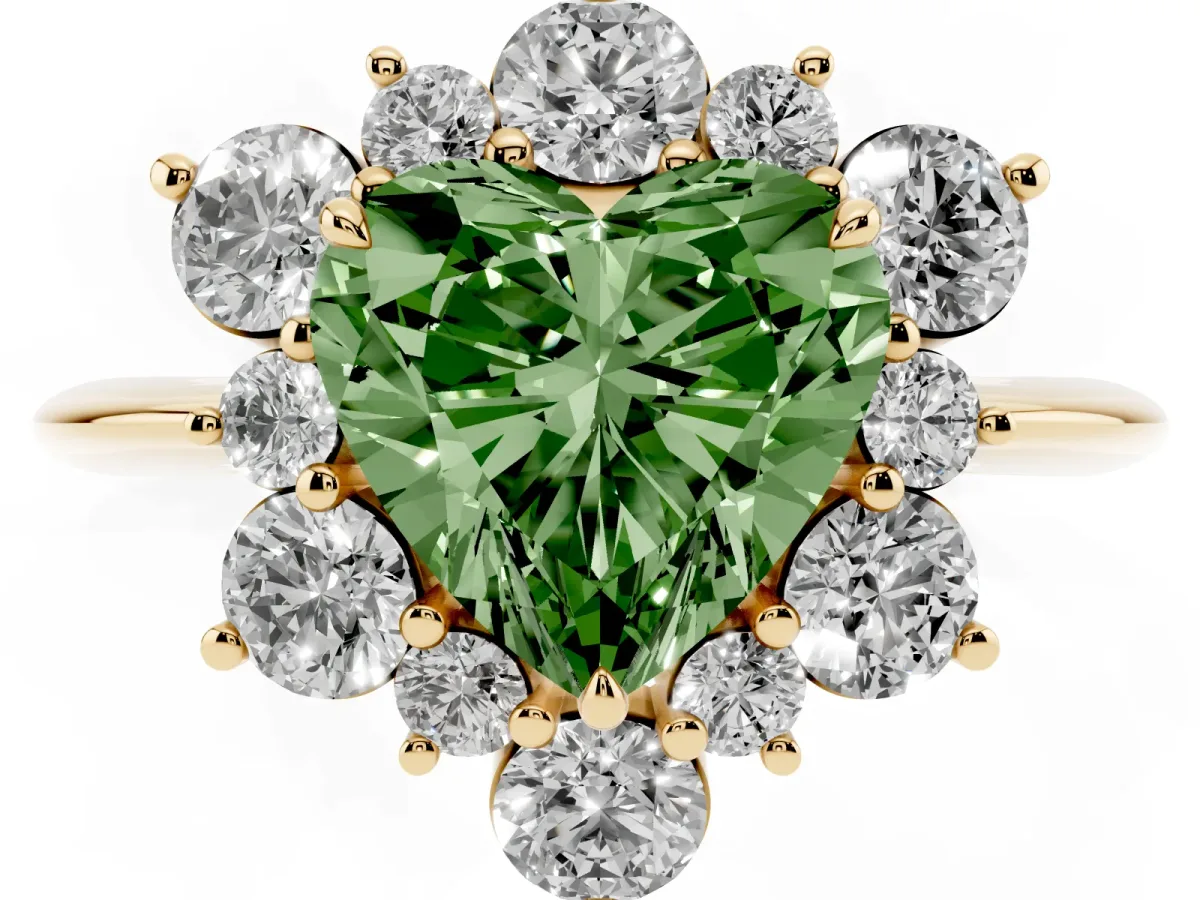 Fancy Green Heart Cut Diamond Cluster Halo Ring with Solitaire Band and Four-Prong Setting Yellow gold