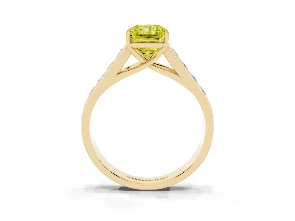 Fancy Yellow Radiant Cut Solitaire Channel-Set Diamond Engagement Ring with Four-Prong Setting Yellow gold