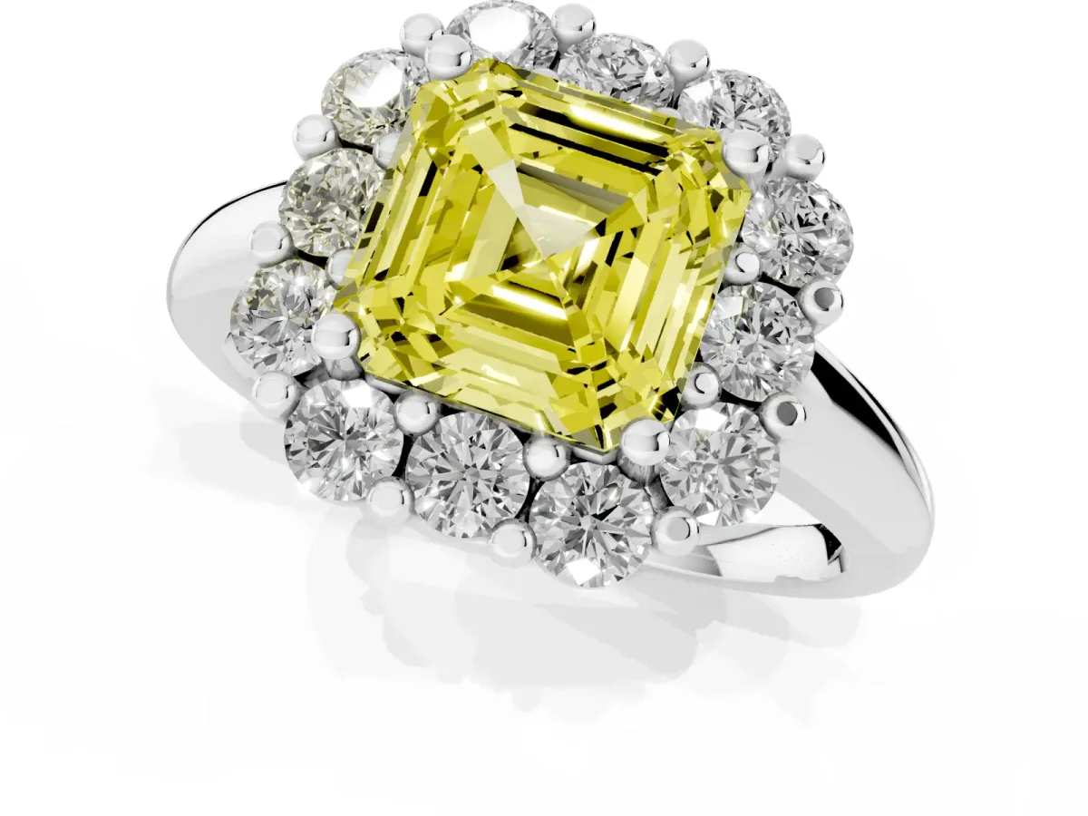 Fancy Yellow Asscher Cut Halo Cluster Diamond Engagement Ring with Prong Setting and Polished Band White gold