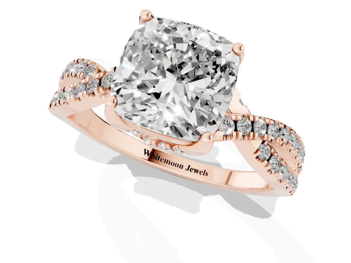 Cushion Cut Solitaire Twist Pave Diamond Engagement Ring with Prong Setting Rose gold