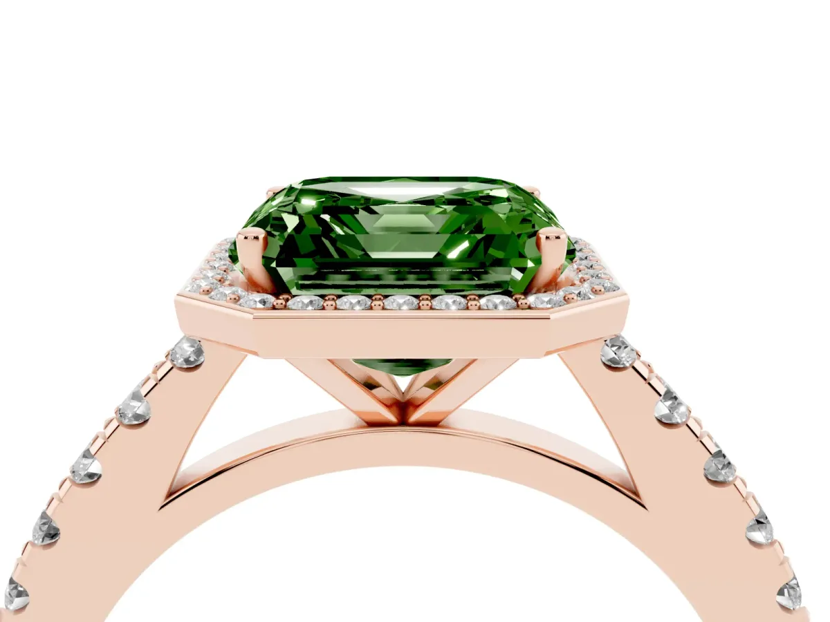 Fancy Green Asscher Cut Cut Halo Diamond Engagement Ring with Pave Band and Four-Prong Setting Rose gold