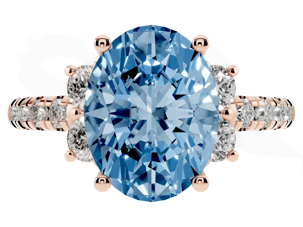 Fancy Blue Oval Cut Diamond Three-Stone Pave Band with Four-Prong Setting Rose gold