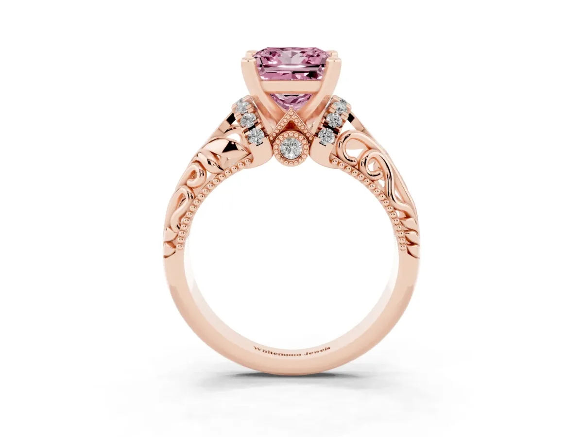 Fancy Pink Princess Cut Solitaire Filigree Engagement Ring with Halo and Prong Setting Rose gold
