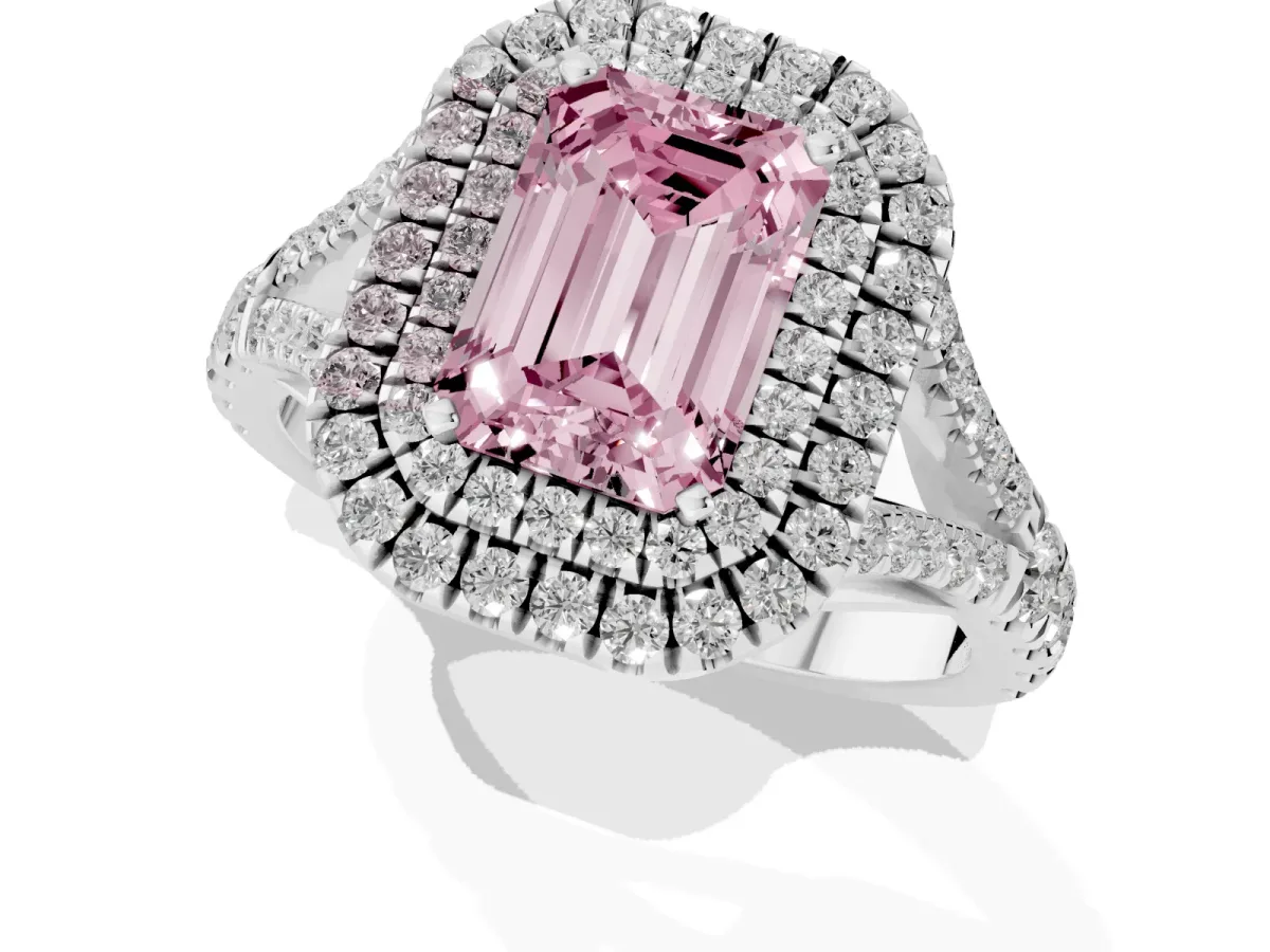 Fancy Pink Emerald Cut Diamond Pavé Split Shank Double Halo Engagement Ring Platinum
