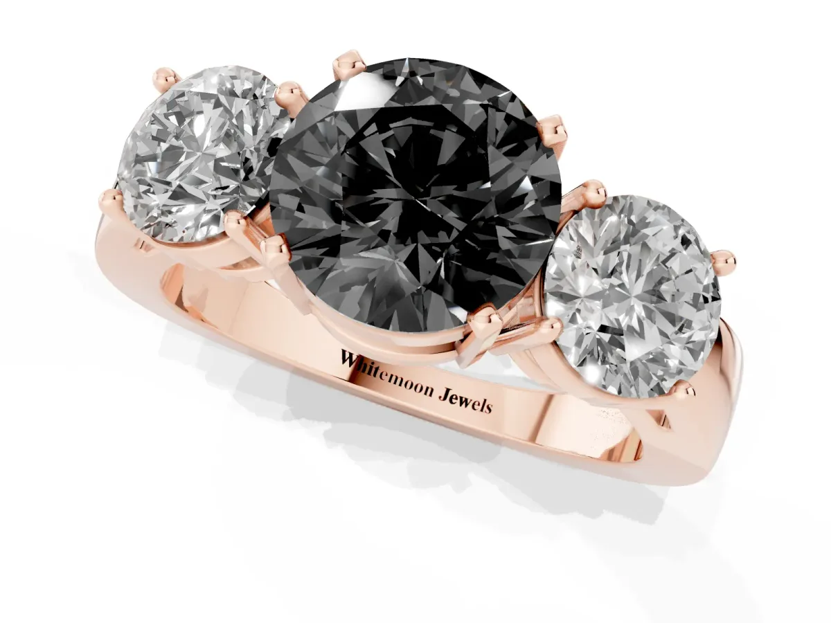 Fancy Black Three-Stone Round Cut Diamond Ring with Round Side Stones, Classic Band, and Four-Prong Setting Rose gold