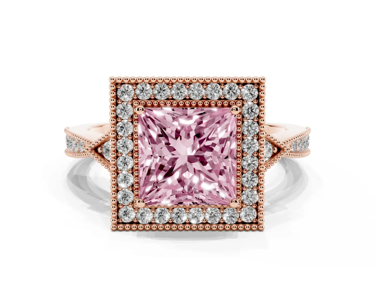 Fancy Pink Princess Cut Halo Round Diamond Milgrain Pave Engagement Ring Rose gold