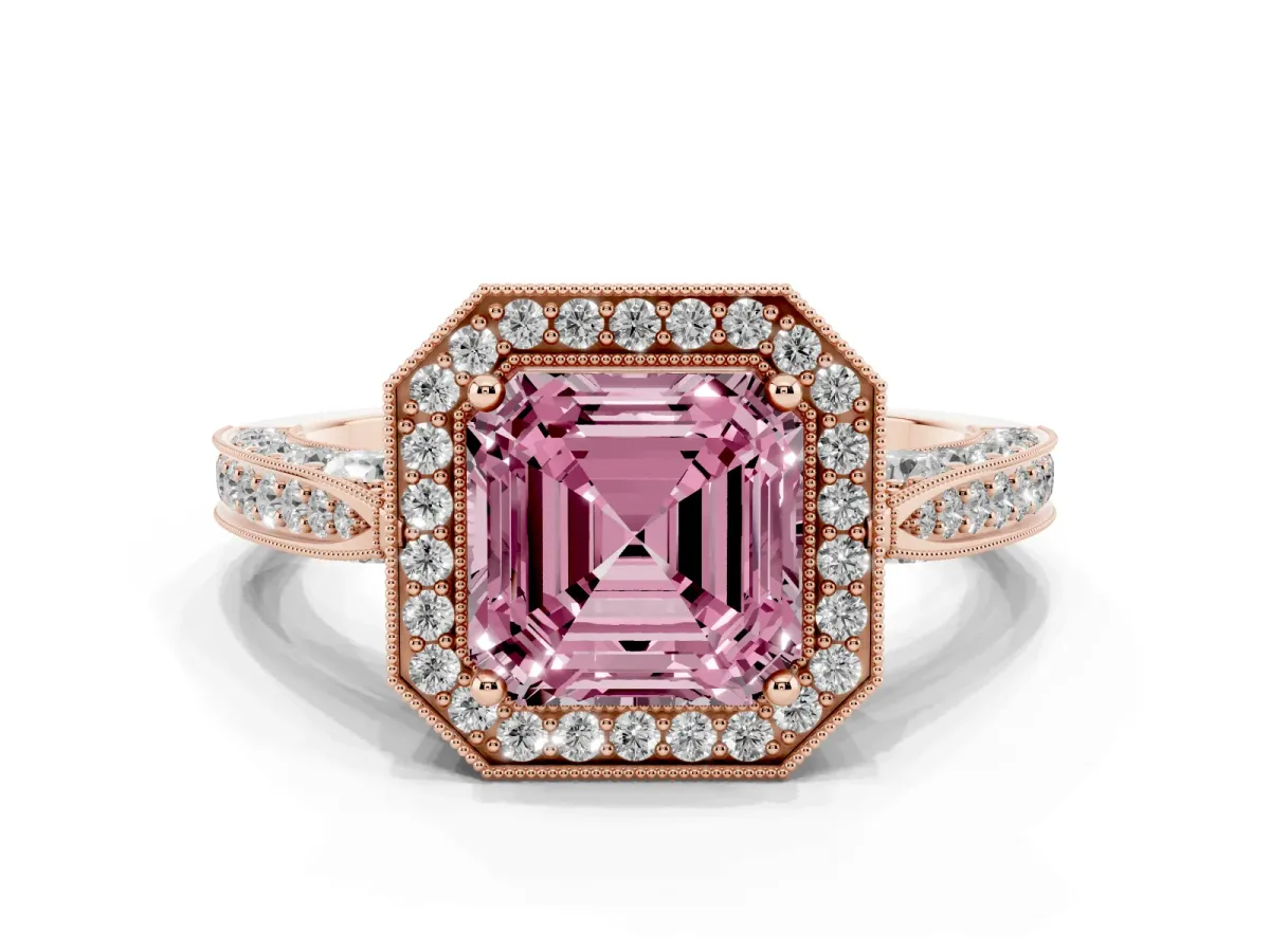 Fancy Pink Asscher Cut Halo Diamond Engagement Ring with Split Shank Band and Four-Prong Setting Rose gold