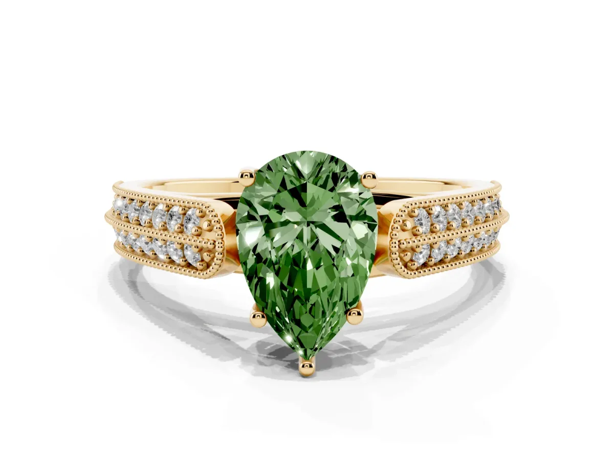 Fancy Green Pear Cut Cut Pave Split Shank Engagement Ring with Four-Prong Setting Yellow gold