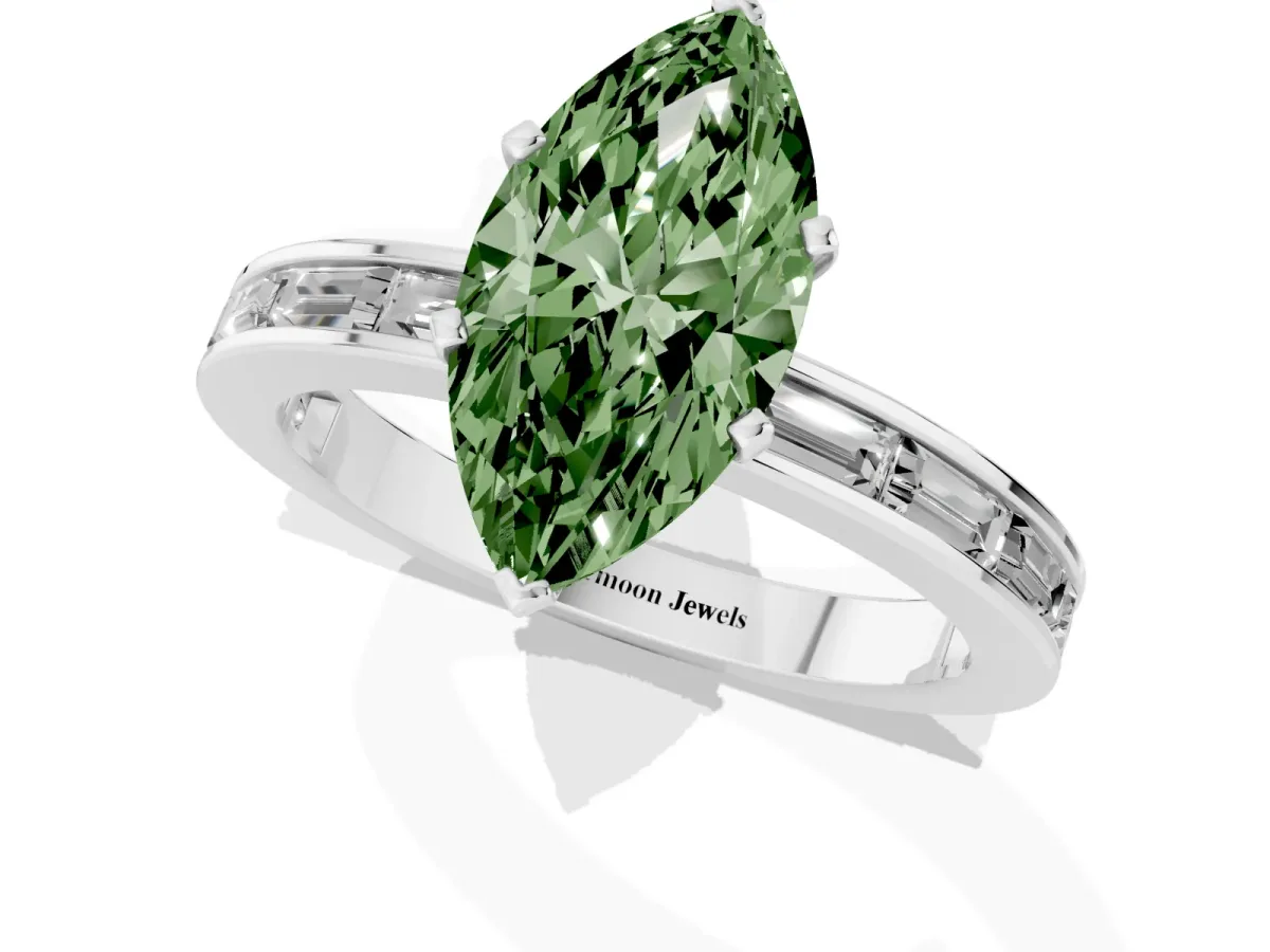 Fancy Green Marquise Cut Solitaire Diamond Ring with Channel-Set Baguette Band and Four-Prong Setting White gold